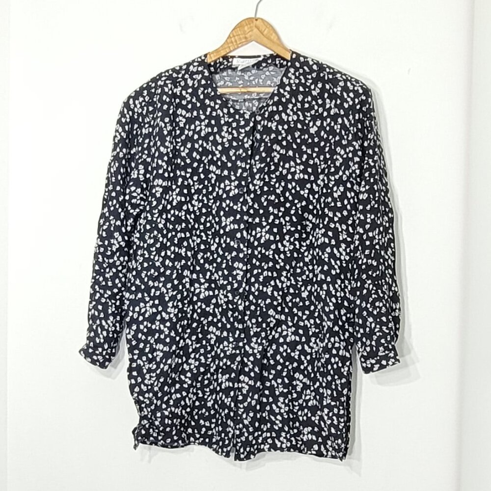 Claudia Barnes Black White Loose Fit Casual Button-Front Blouse Office Medium
